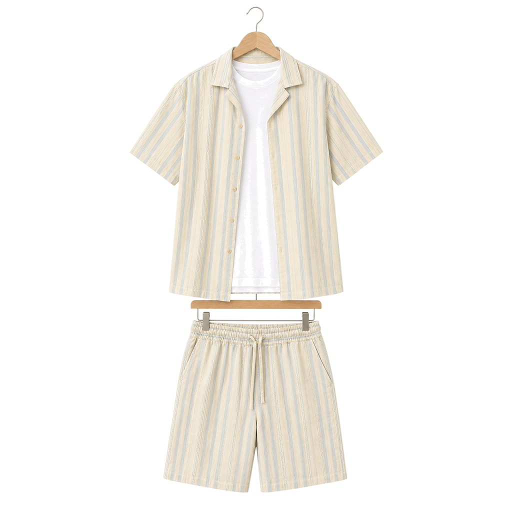 WEELZ striped linen shirt and shorts set in beige and sky blue, hanger front view