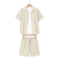 WEELZ striped linen shirt and shorts set in beige and sky blue, hanger front view