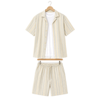 WEELZ striped linen shirt and shorts set in beige and sky blue, hanger front view