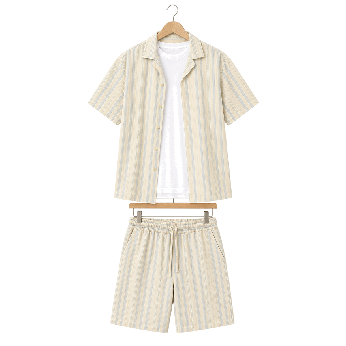 WEELZ striped linen shirt and shorts set in beige and sky blue, hanger front view