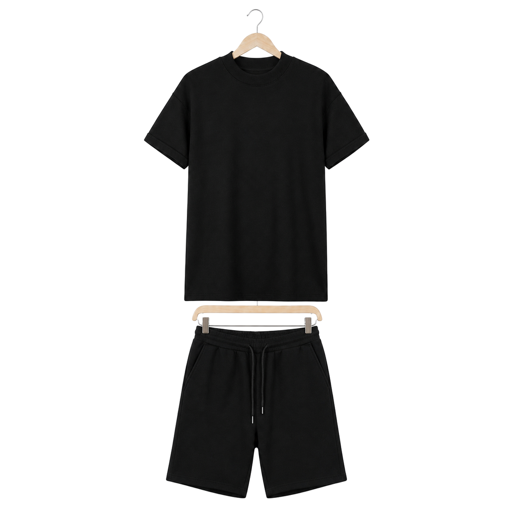 WEELZ cooling cotton crew-neck T-shirt and shorts set in black, front hanger view