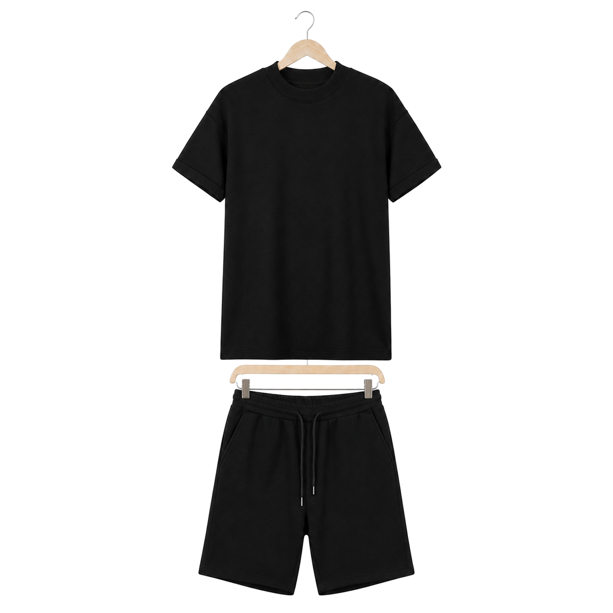 WEELZ cooling cotton crew-neck T-shirt and shorts set in black, front hanger view