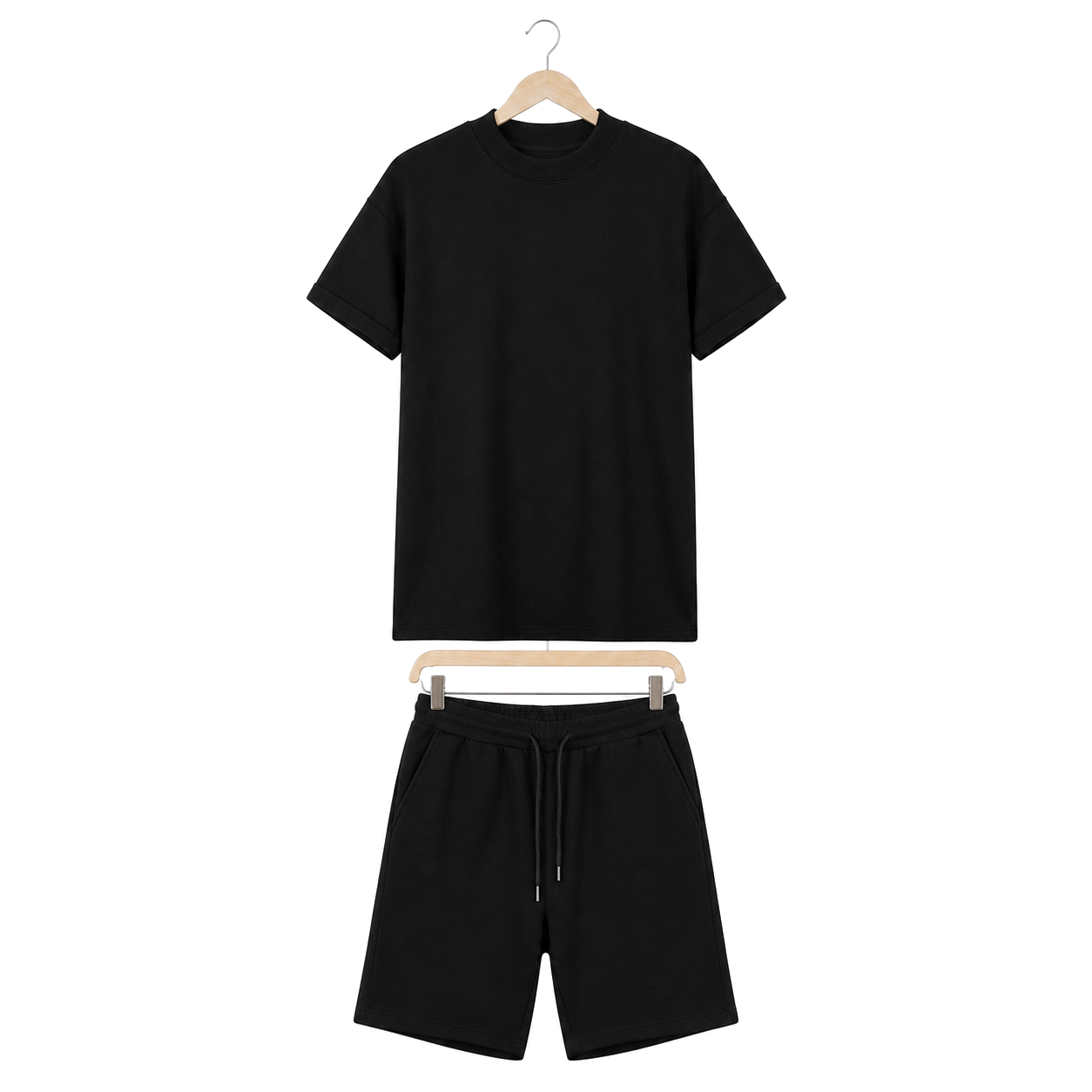 WEELZ cooling cotton crew-neck T-shirt and shorts set in black, front hanger view