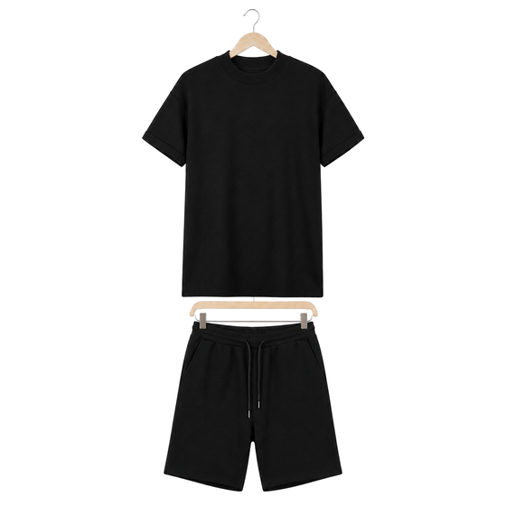 WEELZ cooling cotton crew-neck T-shirt and shorts set in black, front hanger view