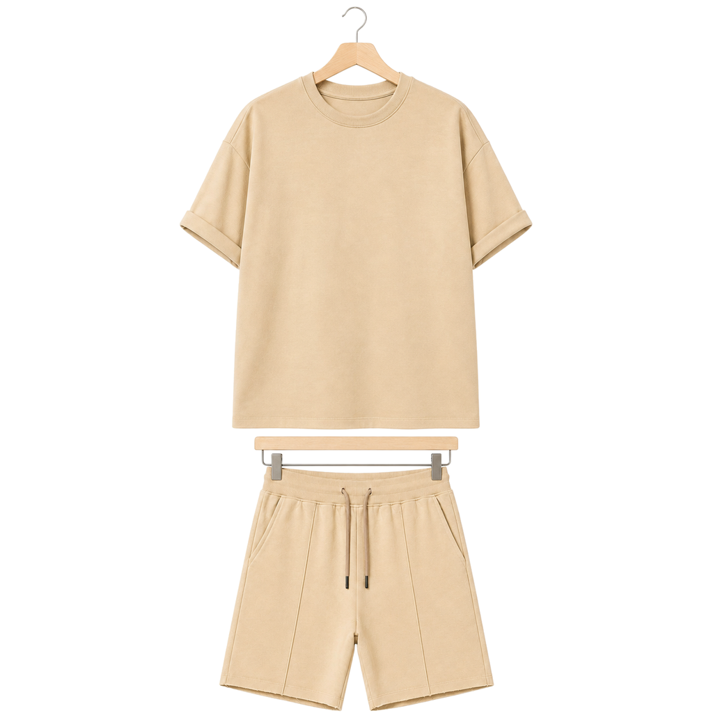 WEELZ cooling cotton crew-neck T-shirt and shorts set in beige, front hanger view