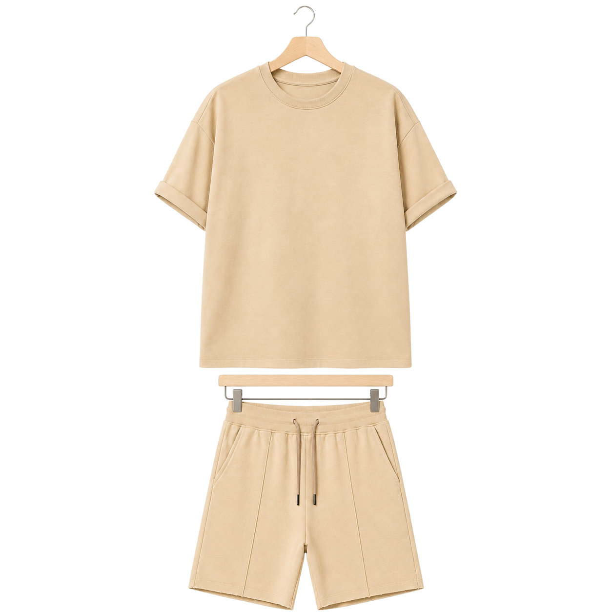 WEELZ cooling cotton crew-neck T-shirt and shorts set in beige, front hanger view