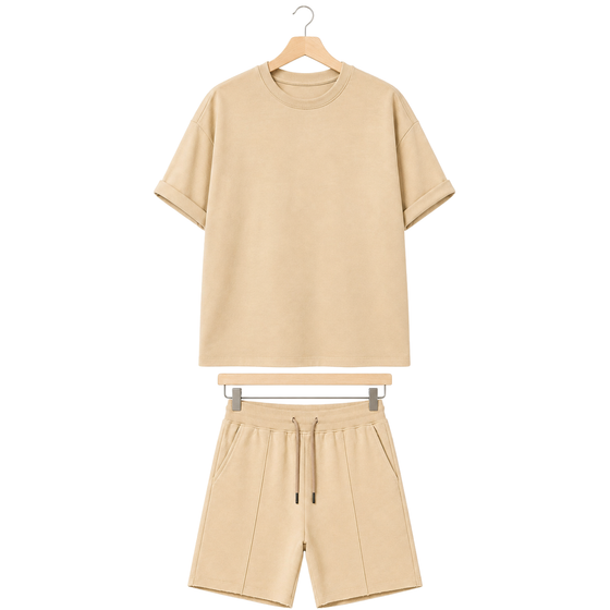 WEELZ cooling cotton crew-neck T-shirt and shorts set in beige, front hanger view