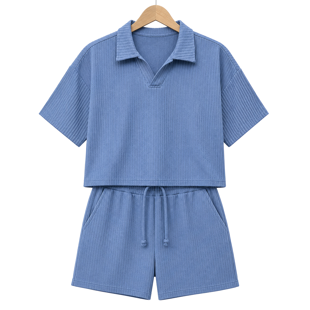 Hanger front – WEELZ petrol-blue textured V-collar shorts set
