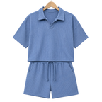Hanger front – WEELZ petrol-blue textured V-collar shorts set