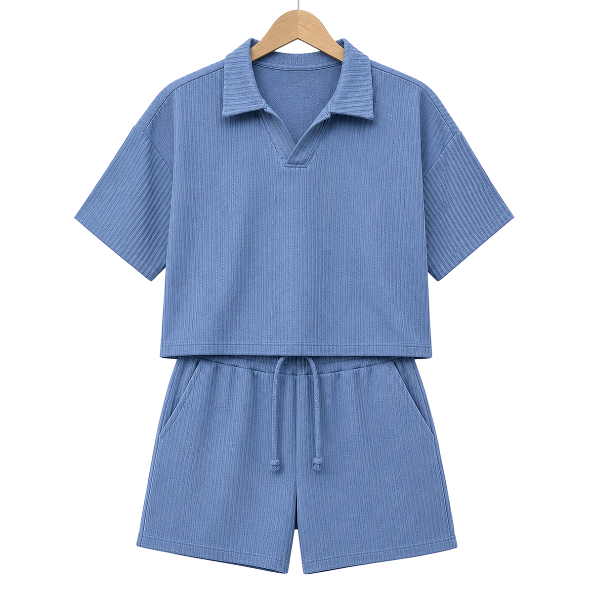 Hanger front – WEELZ petrol-blue textured V-collar shorts set