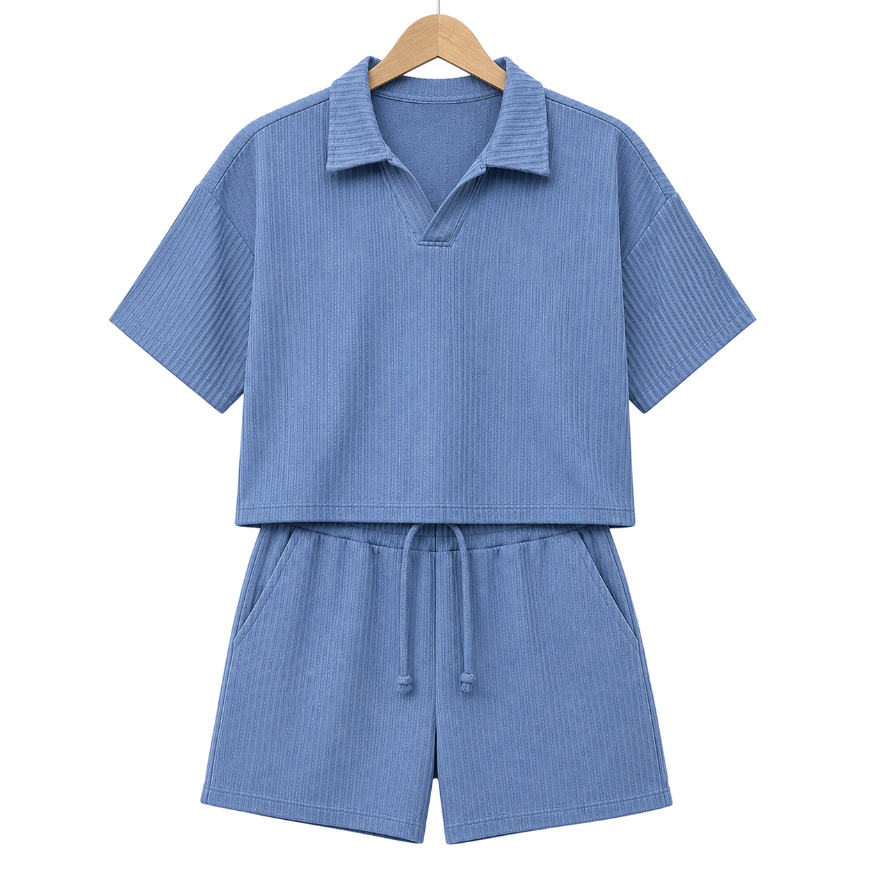 Hanger front – WEELZ petrol-blue textured V-collar shorts set