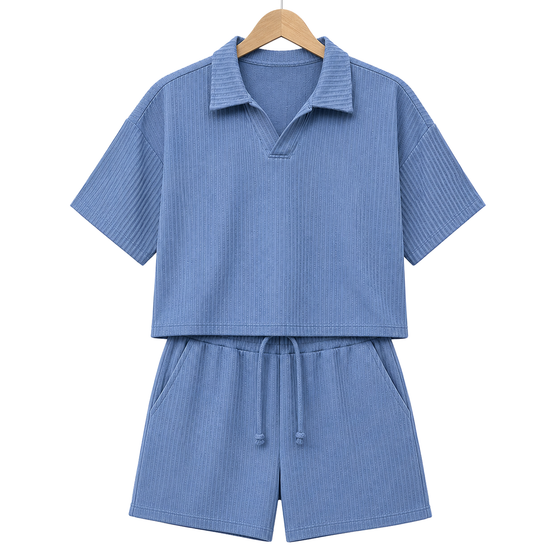 Hanger front – WEELZ petrol-blue textured V-collar shorts set
