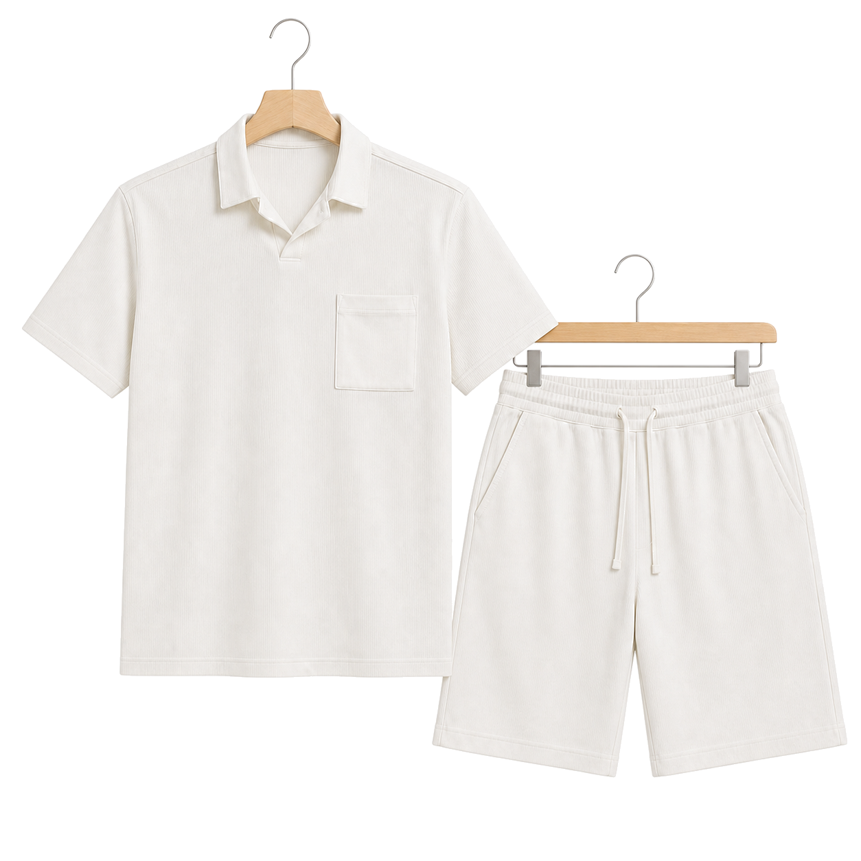 WEELZ pocket-collar cotton T-shirt and shorts set in white, hanger front view