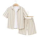 WEELZ striped linen shirt and shorts set in off-white and petrol, hanger front view
