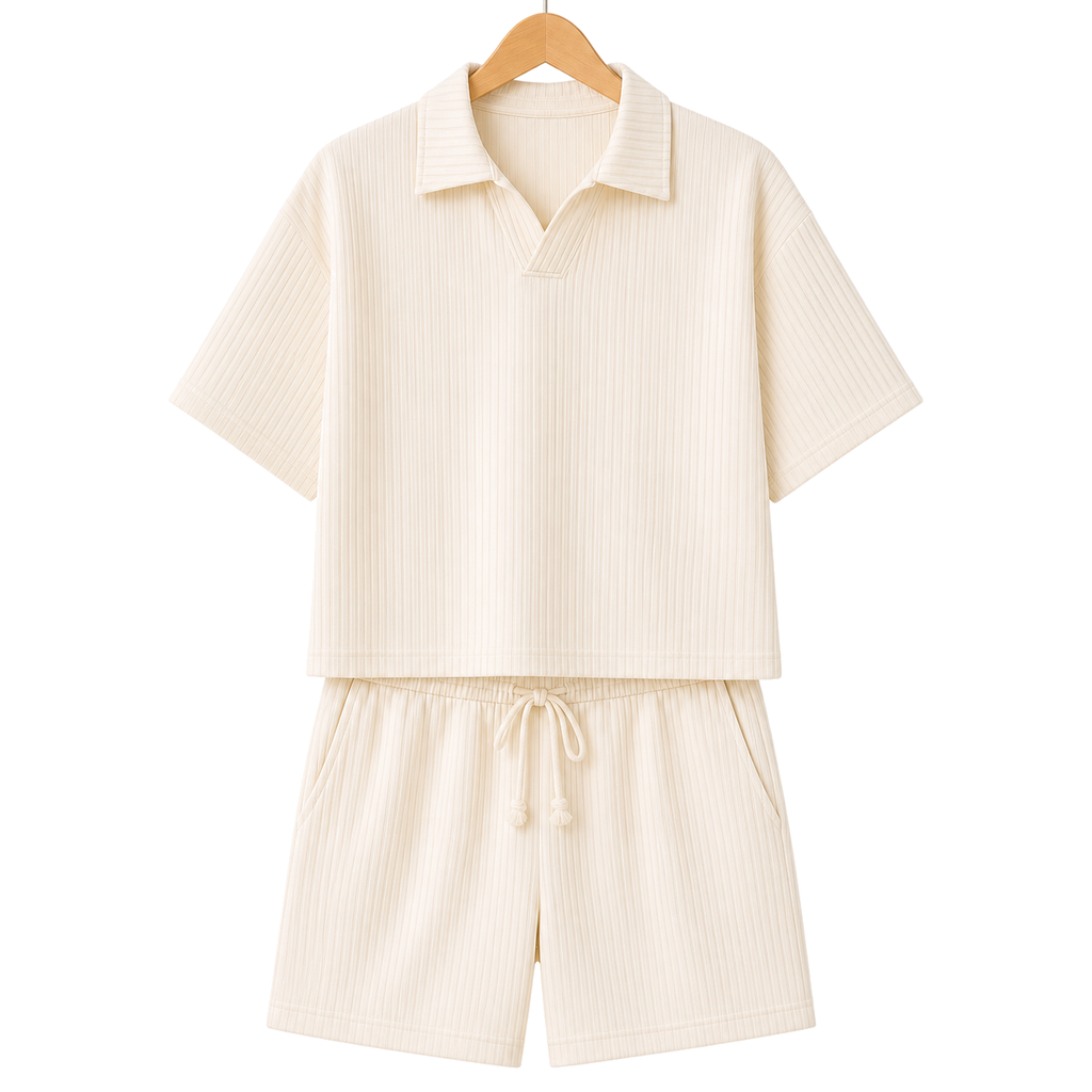 Hanger front – WEELZ off-white textured V-collar shorts set