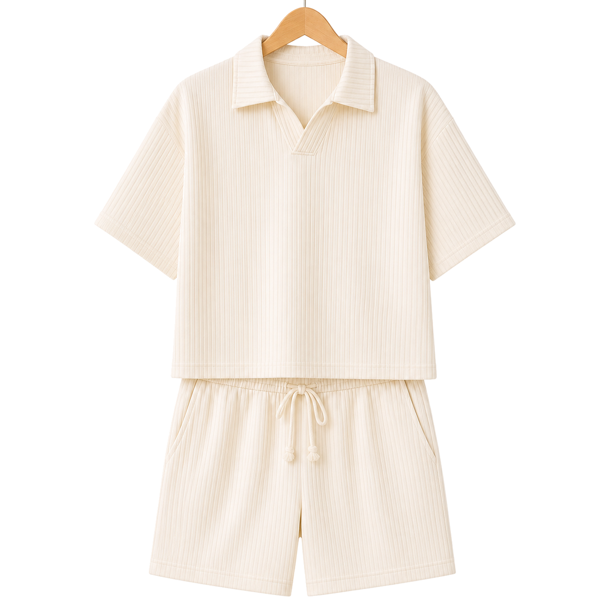 Hanger front – WEELZ off-white textured V-collar shorts set