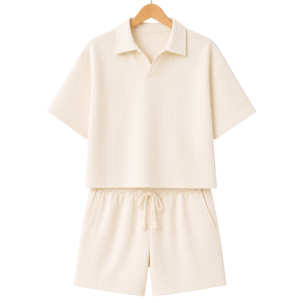 Hanger front – WEELZ off-white textured V-collar shorts set