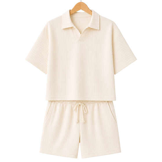 Hanger front – WEELZ off-white textured V-collar shorts set