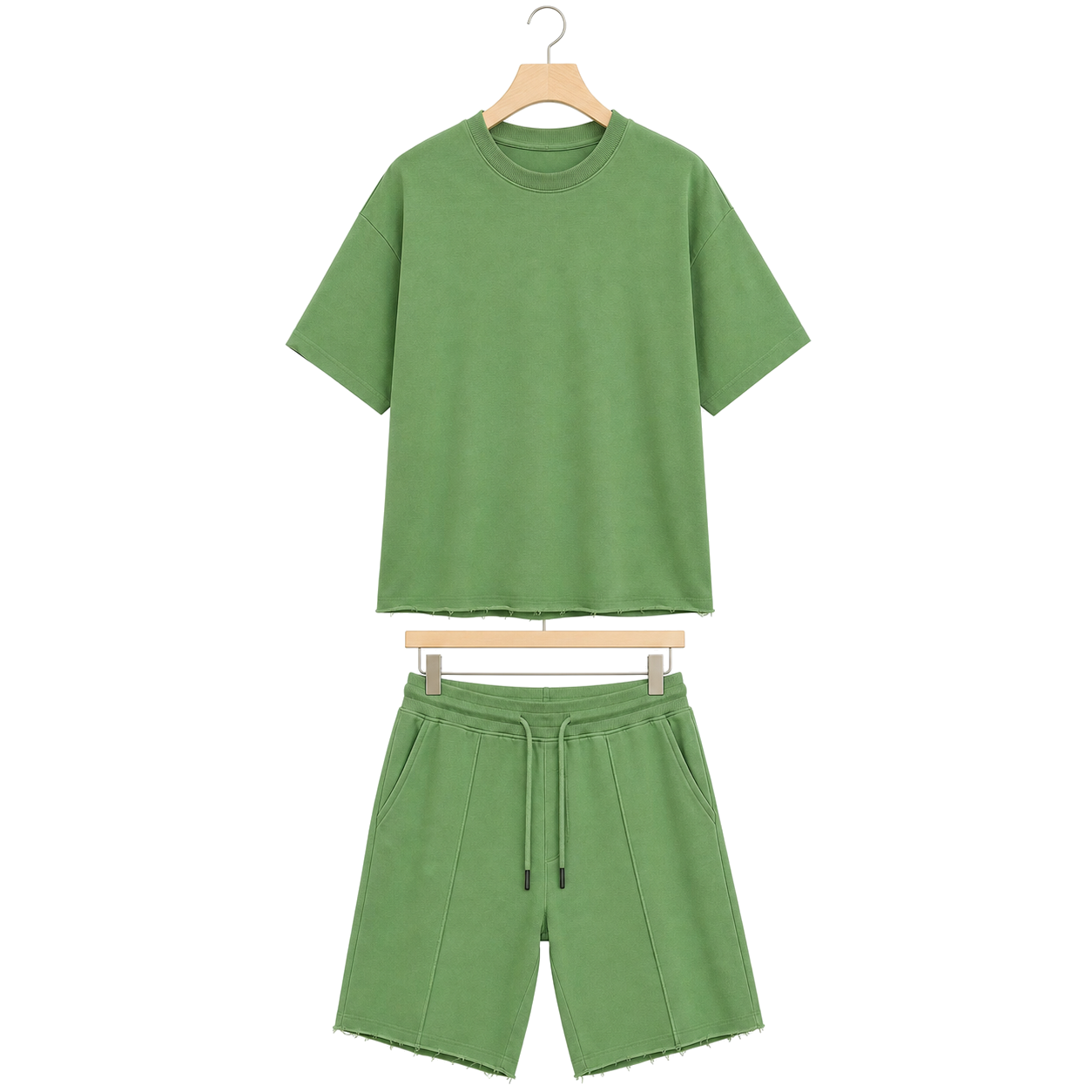 WEELZ cooling cotton crew-neck T-shirt and shorts set in green, front hanger view