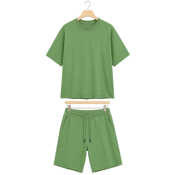 WEELZ cooling cotton crew-neck T-shirt and shorts set in green, front hanger view