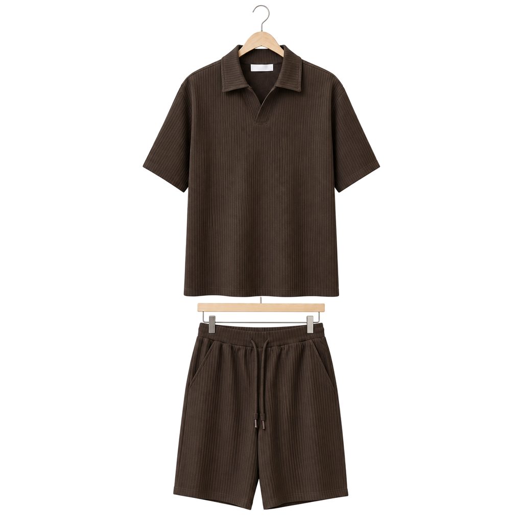 Hanger front – WEELZ dark cocoa textured V-collar shorts set