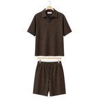 Hanger front – WEELZ dark cocoa textured V-collar shorts set