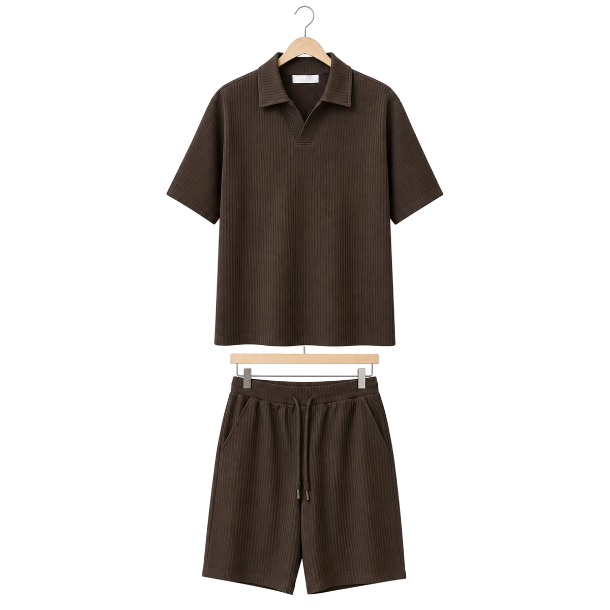 Hanger front – WEELZ dark cocoa textured V-collar shorts set