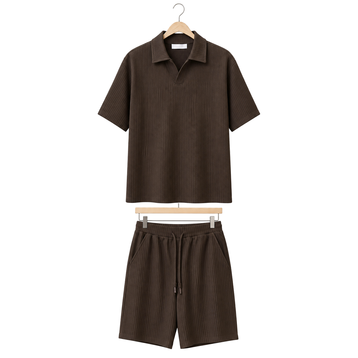 Hanger front – WEELZ dark cocoa textured V-collar shorts set