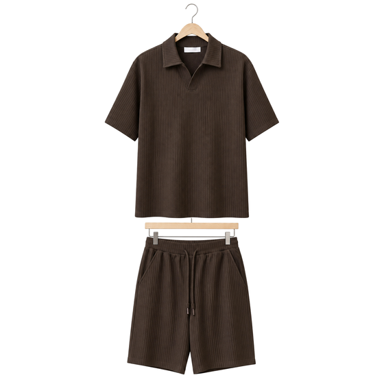 Hanger front – WEELZ dark cocoa textured V-collar shorts set
