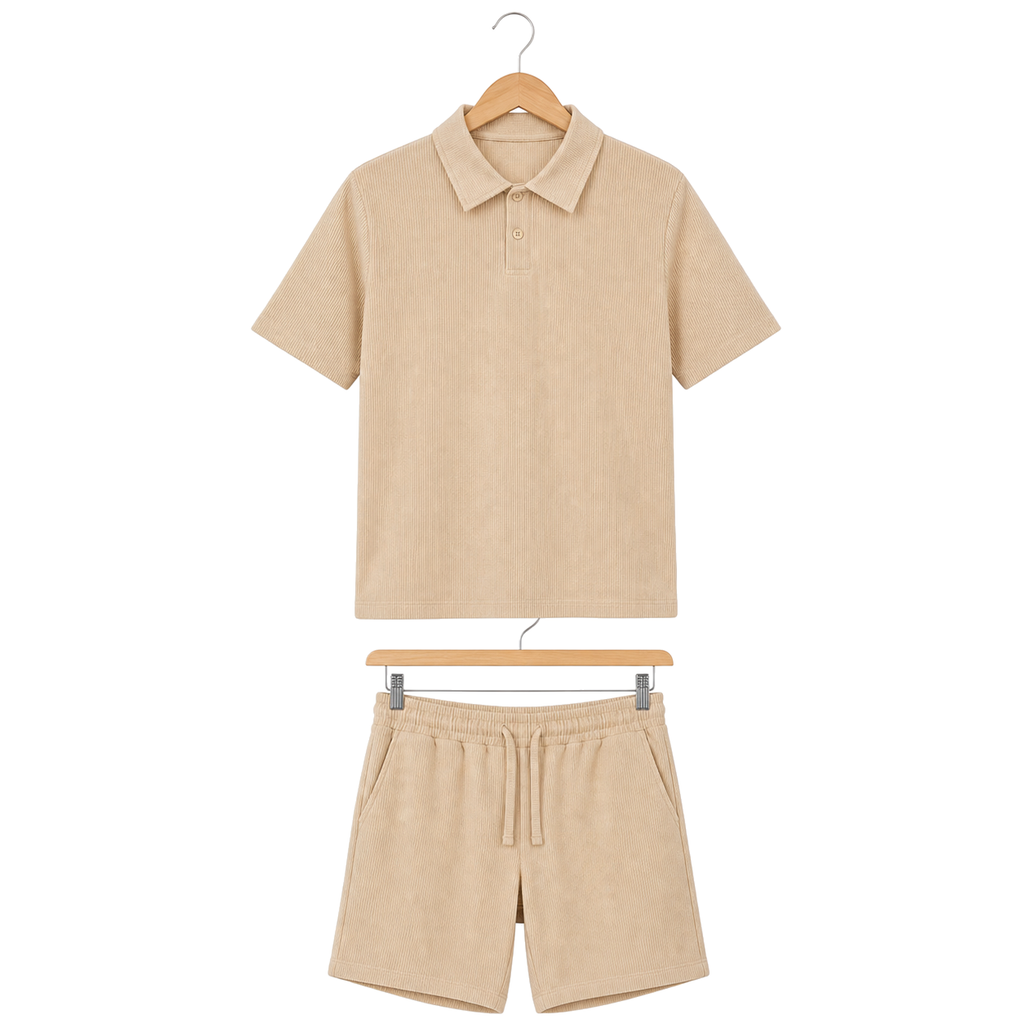 Hanger front – WEELZ beige button-collar cotton shorts set