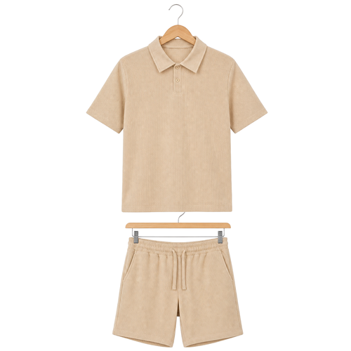 Hanger front – WEELZ beige button-collar cotton shorts set