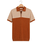 WEELZ Two-Tone Zip Knit Polo — Rust & Beige, front hanger