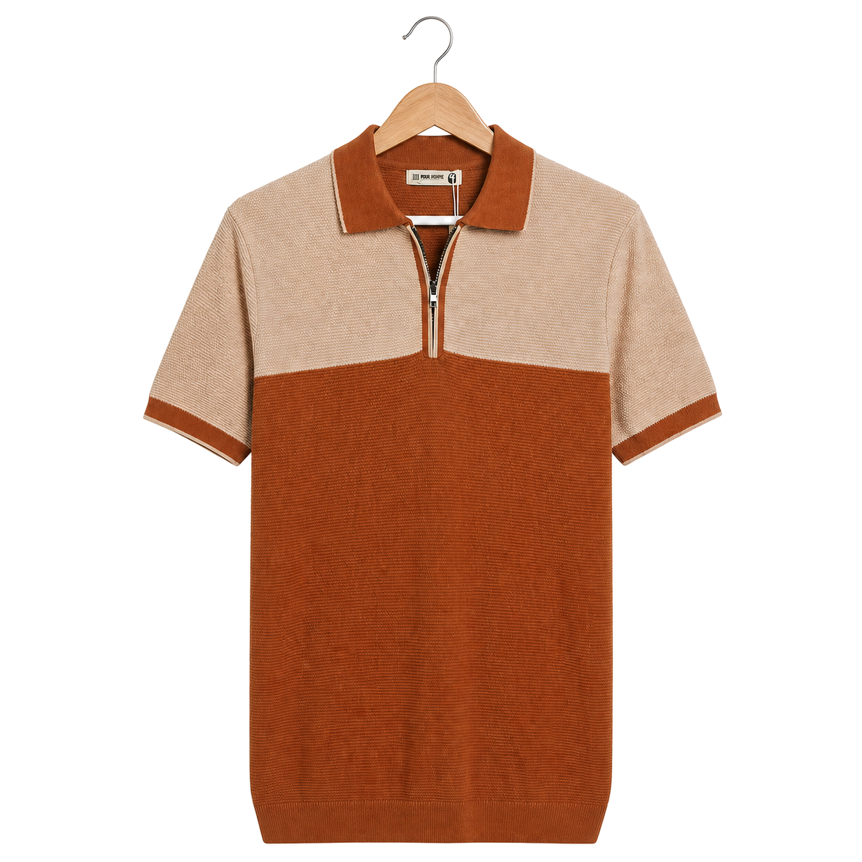 WEELZ Two-Tone Zip Knit Polo — Rust & Beige, front hanger