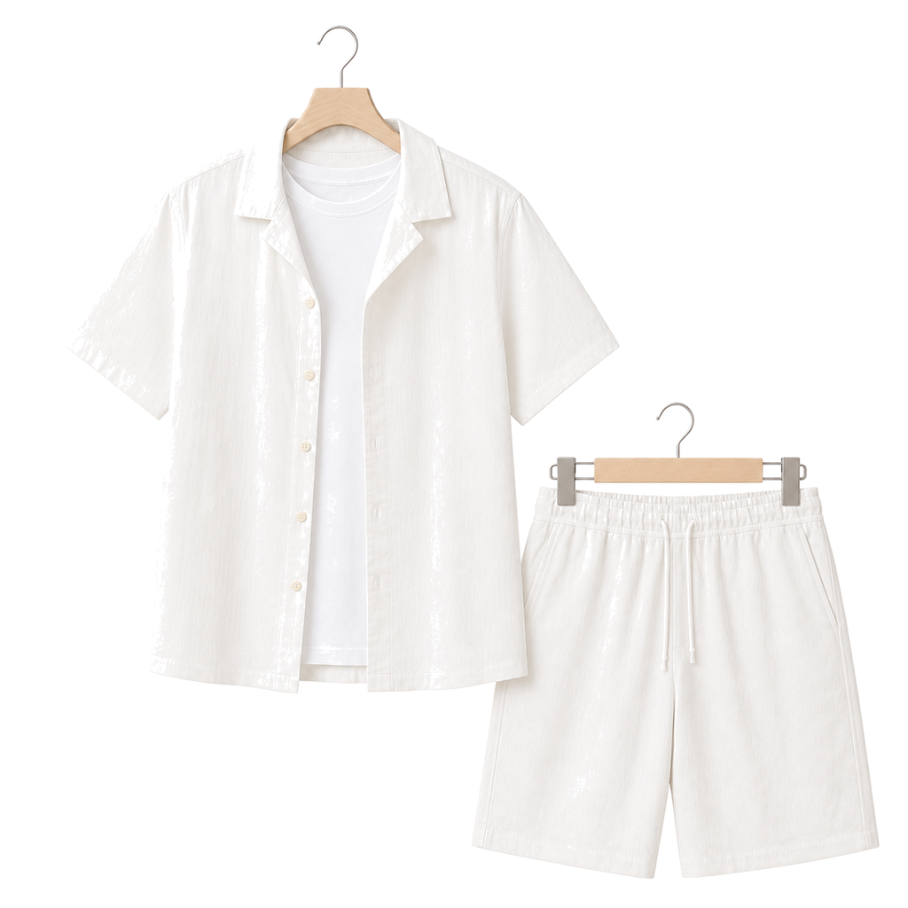 WEELZ Soft Camp-Collar Shirt & Shorts Set — White, front hanger