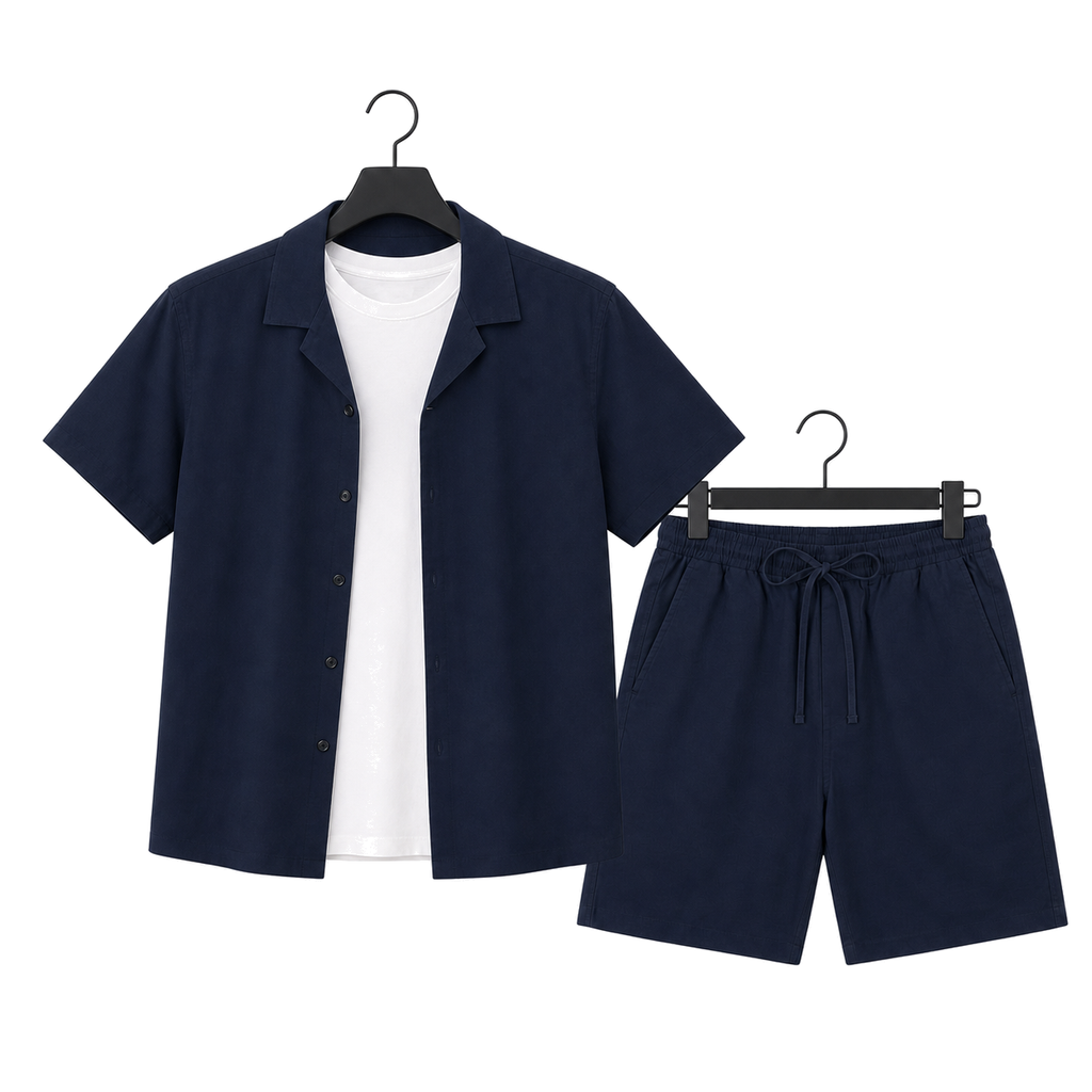 WEELZ Soft Camp-Collar Shirt & Shorts Set — Navy, front hanger