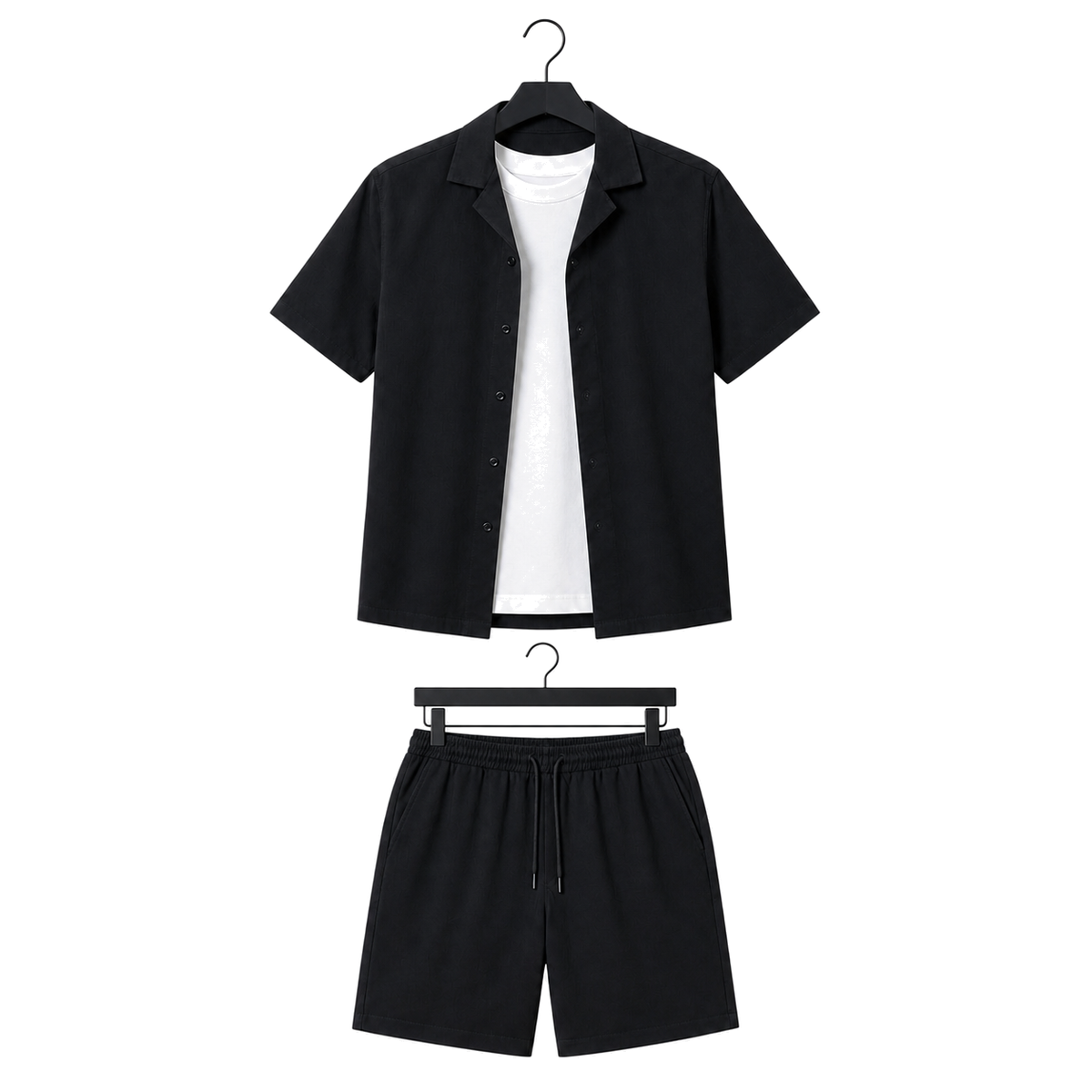 WEELZ Soft Camp-Collar Shirt & Shorts Set — Black, front hanger