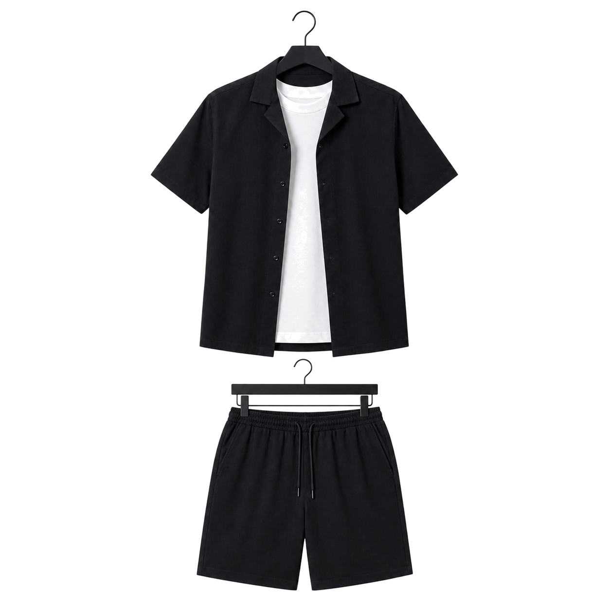 WEELZ Soft Camp-Collar Shirt & Shorts Set — Black, front hanger