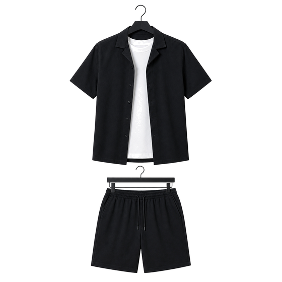 WEELZ Soft Camp-Collar Shirt & Shorts Set — Black, front hanger