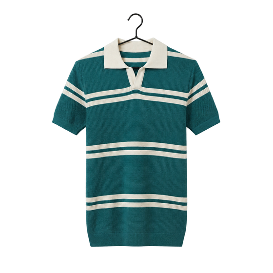 WEELZ Horizontal Stripe Open-Collar Knit Polo — Teal & Cream, front hanger