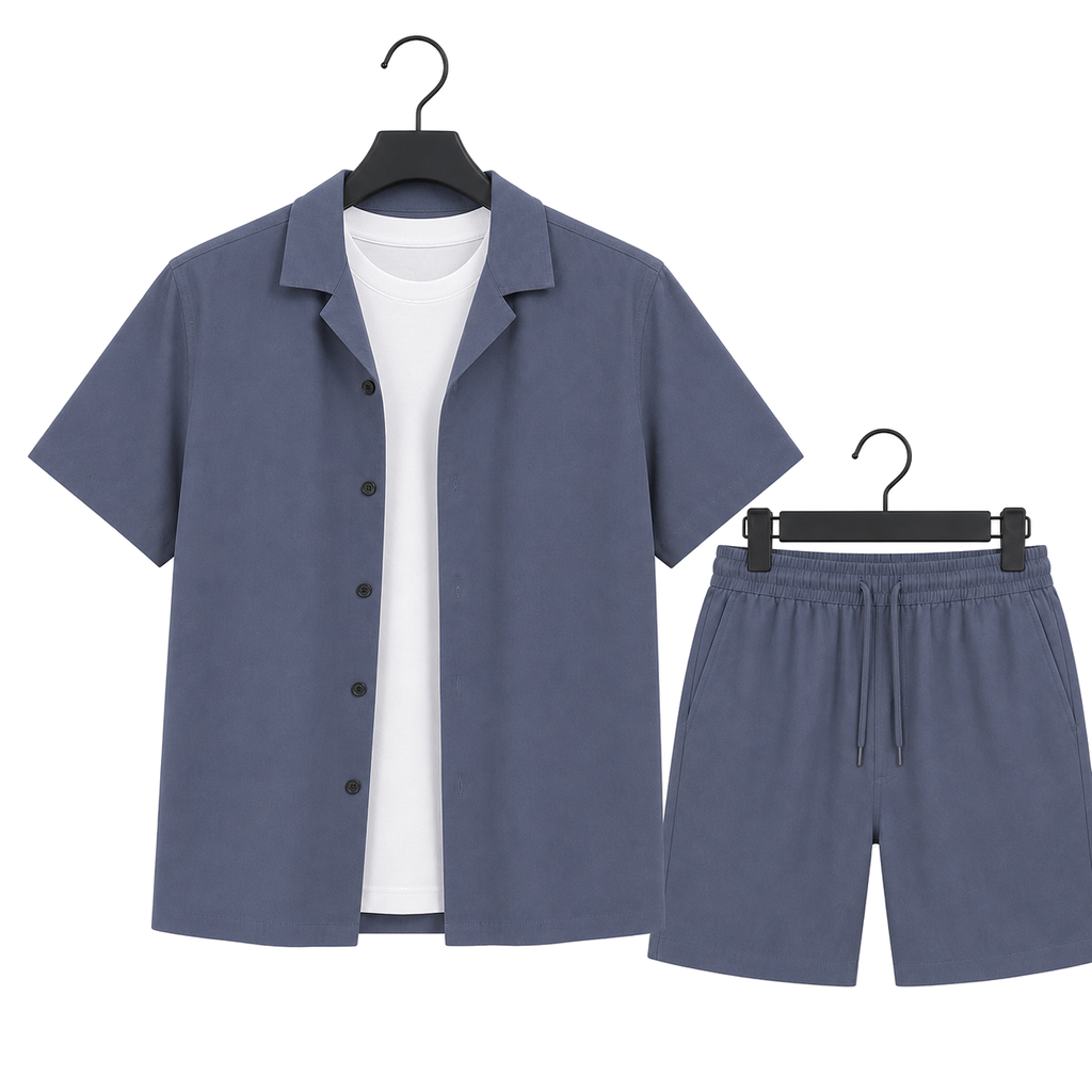 WEELZ Soft Camp-Collar Shirt & Shorts Set — Petrol Blue, front hanger