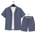 WEELZ Soft Camp-Collar Shirt & Shorts Set — Petrol Blue, front hanger