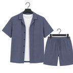 WEELZ Soft Camp-Collar Shirt & Shorts Set — Petrol Blue, front hanger
