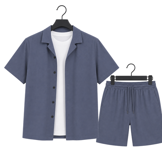 WEELZ Soft Camp-Collar Shirt & Shorts Set — Petrol Blue, front hanger