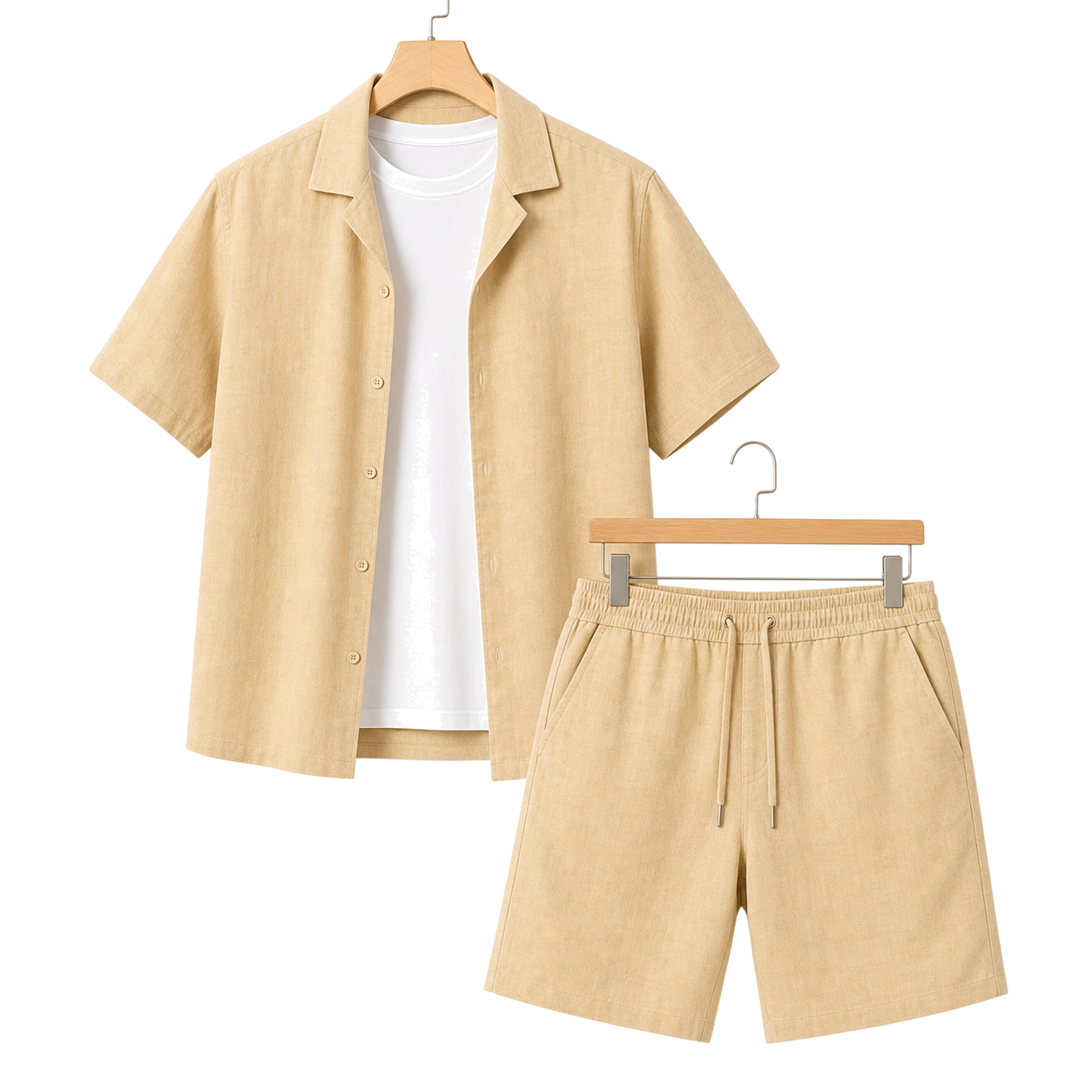 WEELZ Soft Camp-Collar Shirt & Shorts Set — Beige, front hanger