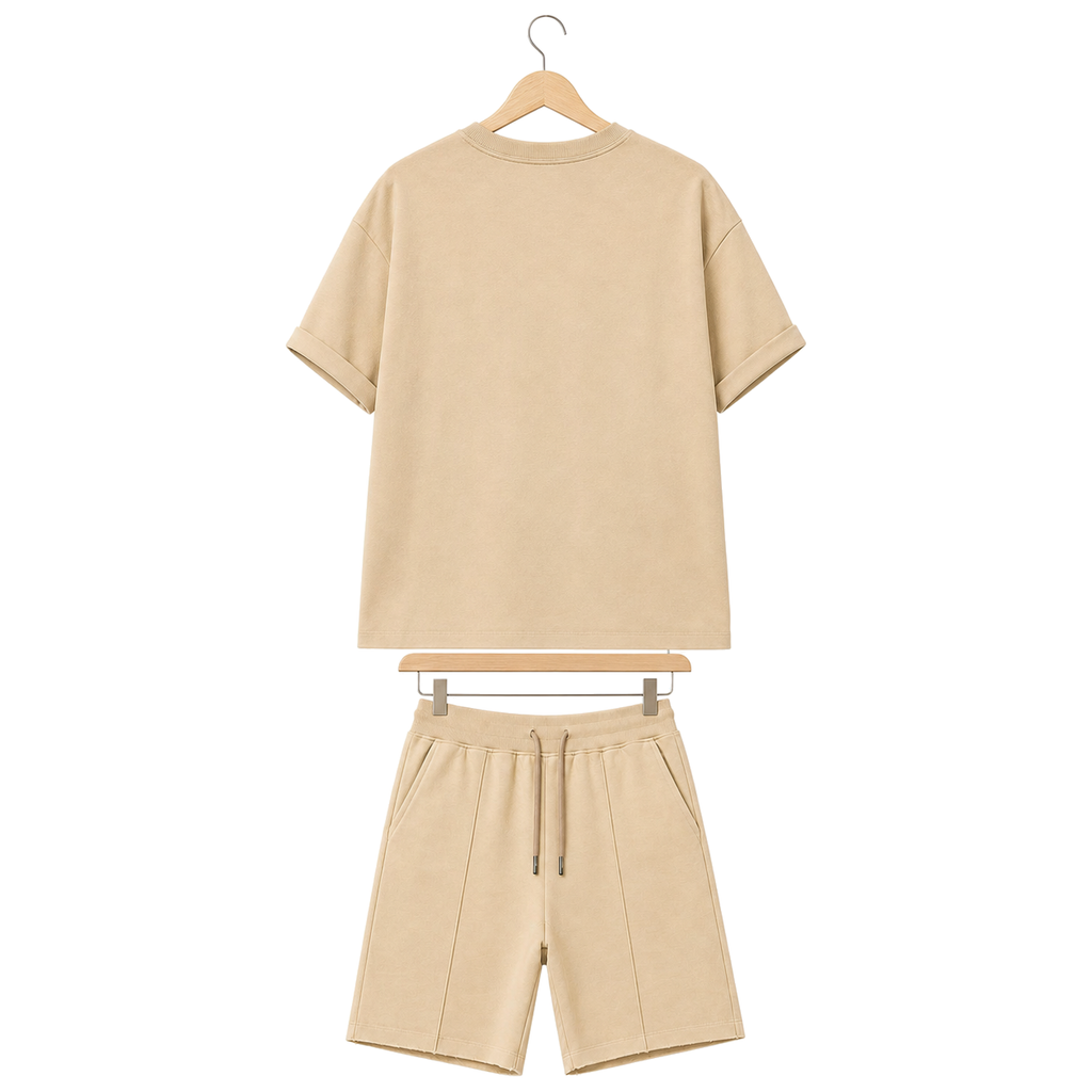 WEELZ cooling cotton crew-neck T-shirt and shorts set in beige, back hanger view