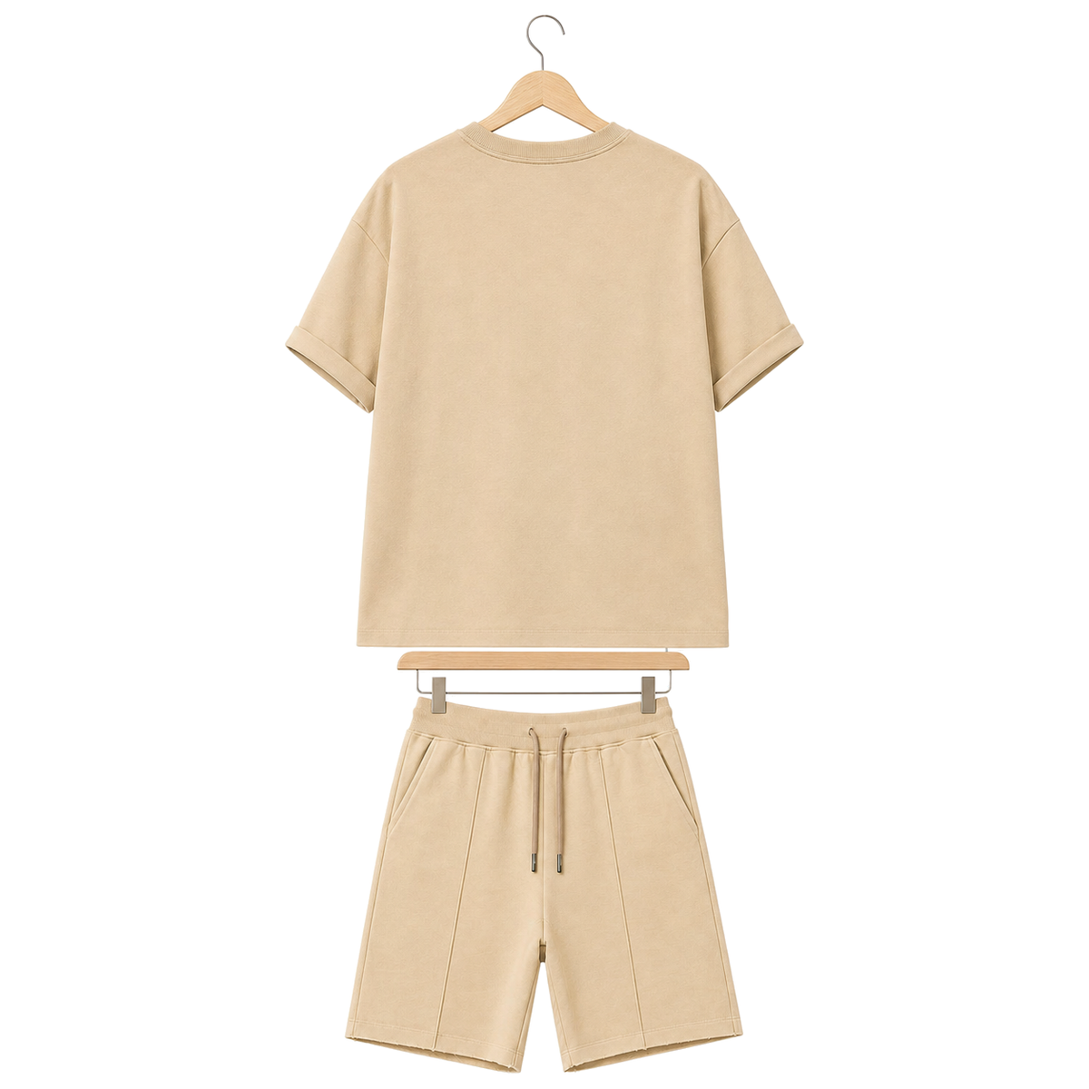 WEELZ cooling cotton crew-neck T-shirt and shorts set in beige, back hanger view
