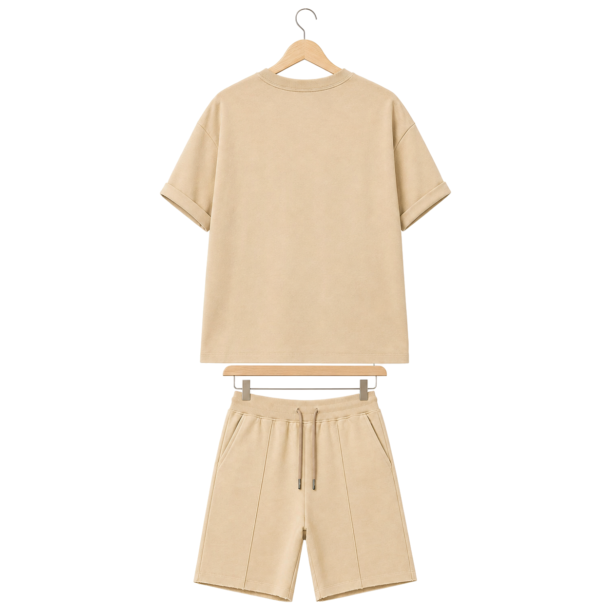 WEELZ cooling cotton crew-neck T-shirt and shorts set in beige, back hanger view