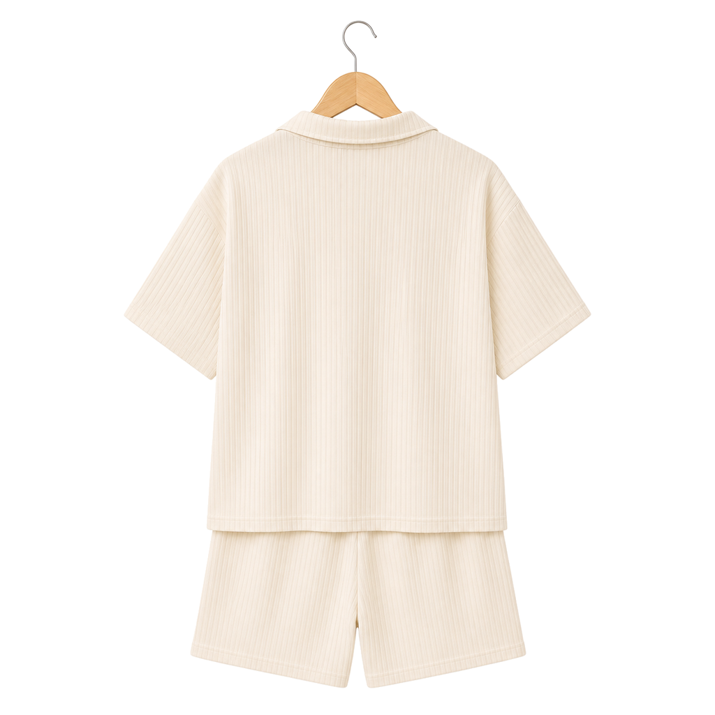 Hanger back – WEELZ off-white textured V-collar shorts set