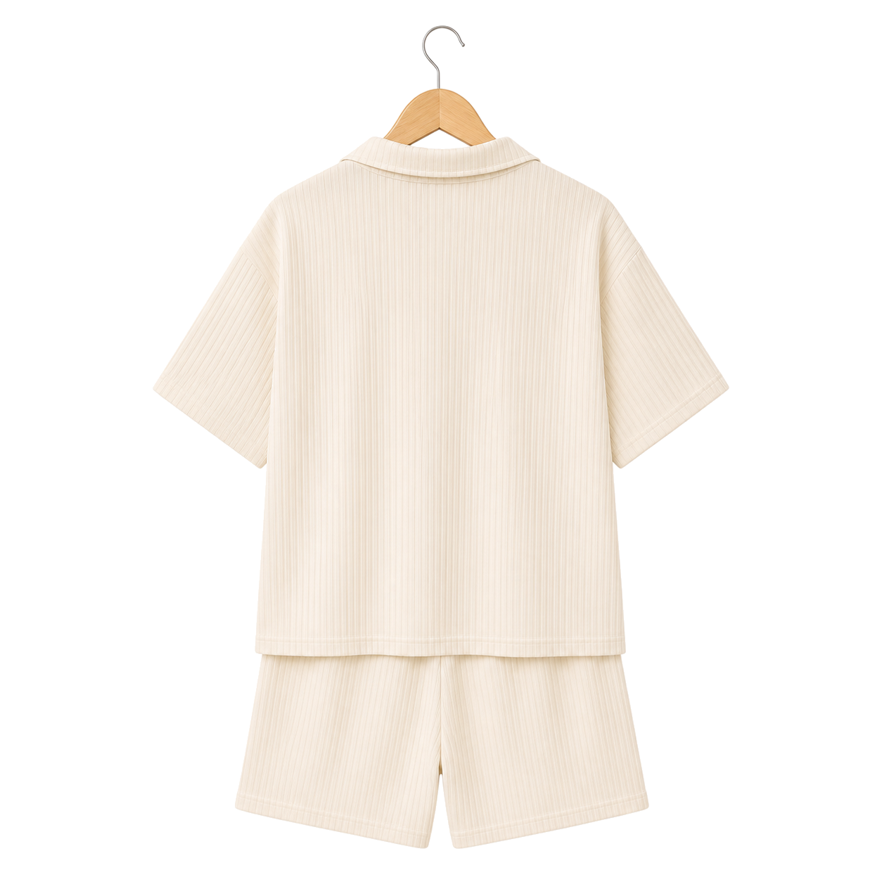 Hanger back – WEELZ off-white textured V-collar shorts set