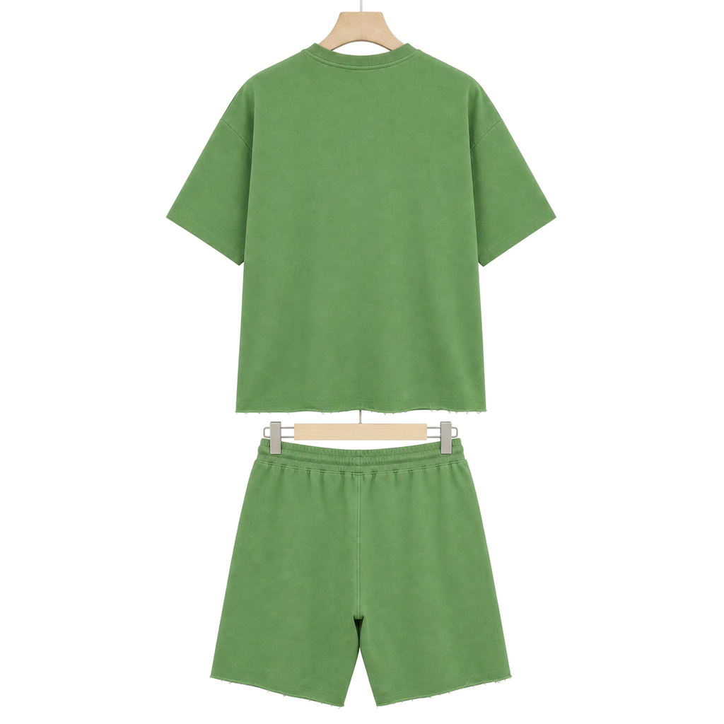WEELZ cooling cotton crew-neck T-shirt and shorts set in green, back hanger view